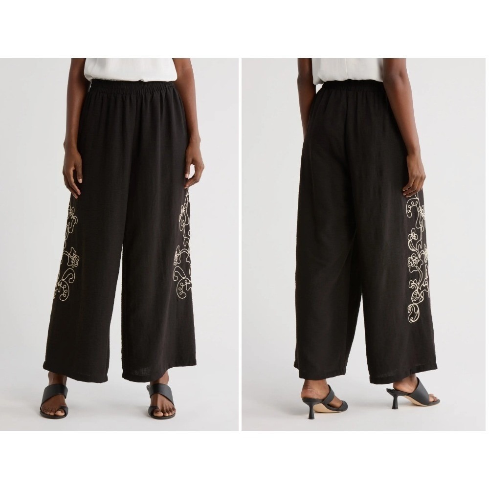 Adrianna Papell Coastal Floral Embroidered Wide Leg Palazzo Size M Black Flowy